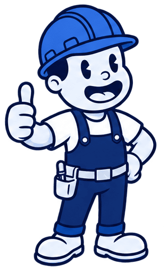 Cartoon drywall worker with helmet giving thumbs up for drywall services.